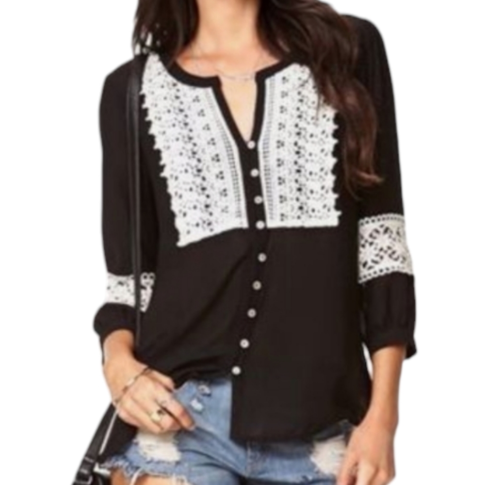 Fresh Brewed Black Crochet Detail Semi-Sheer Button Down Size Medium